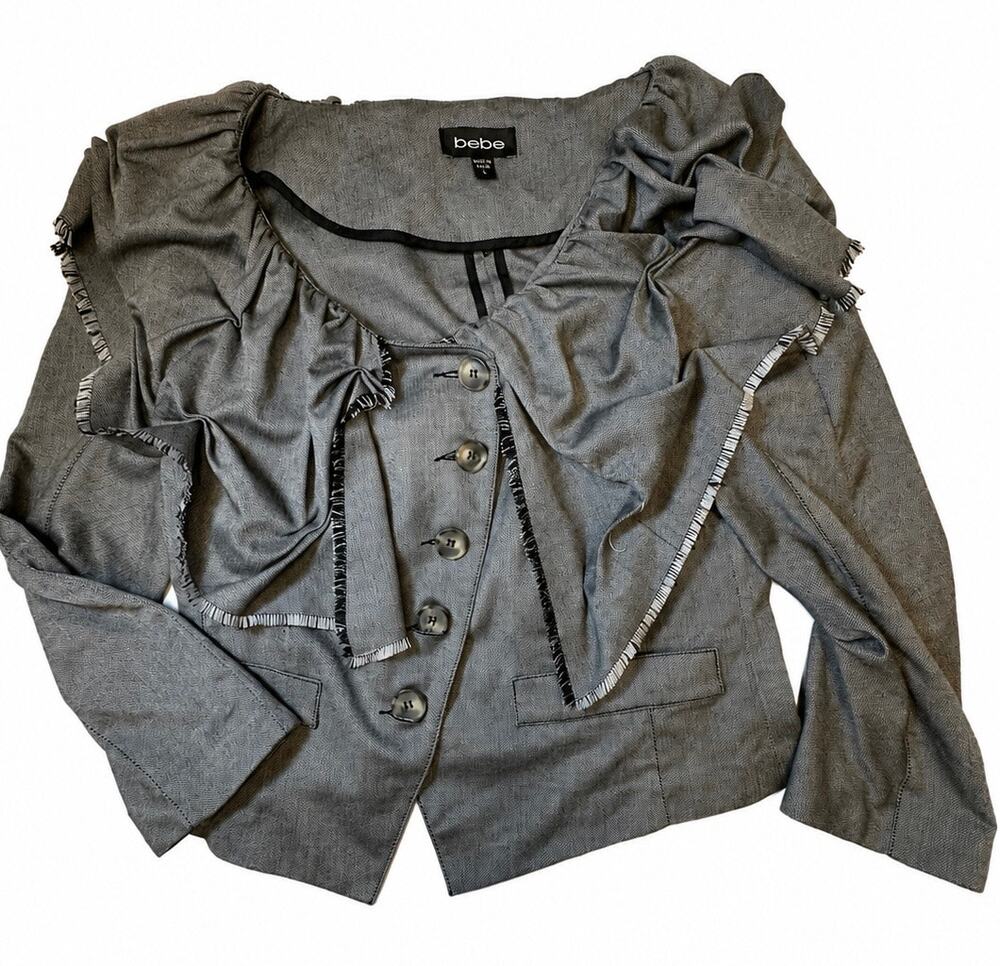 Bebe Y2K 2000s Gray Textured Dramatic Ruffle Blazer Jacket Women’s Size 6